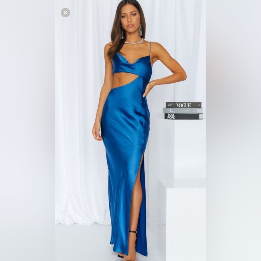 Hello Molly Oceanic Eyes Satin Royal Blue Cut Out Slit Sleeveless Maxi Dress S 4